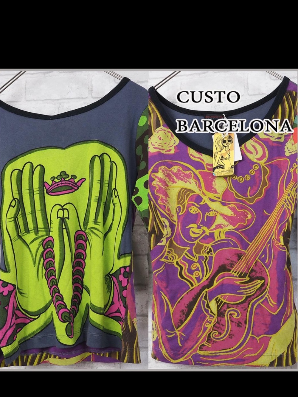 Rare Y2K vintage Custo Barcelona Neon Graphic Tee mismatched collector guitar 90